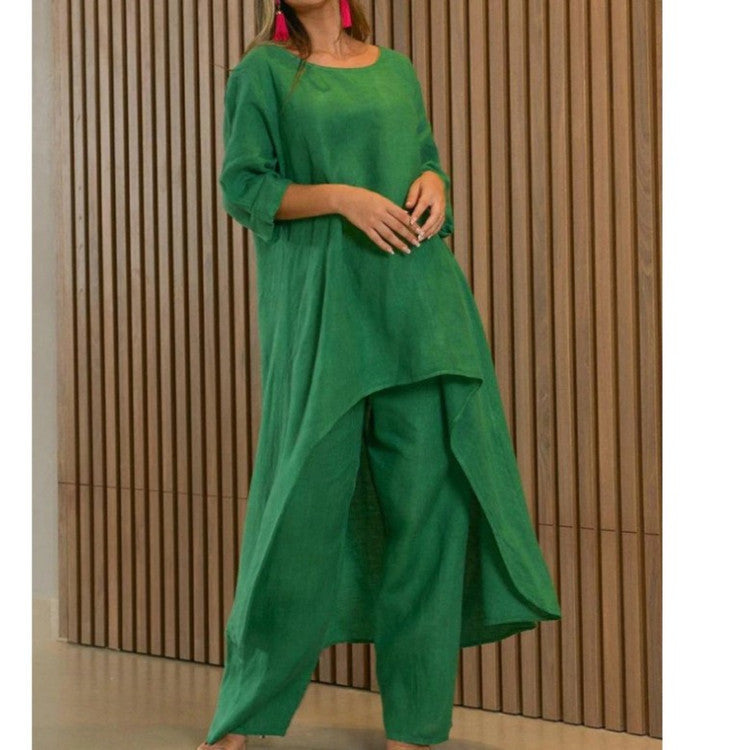 European and American New Women's Clothing Cotton and Linen Fashion Casual plus Size Irregular Long Sleeve Suit Wide Leg Pants Two-Piece Set