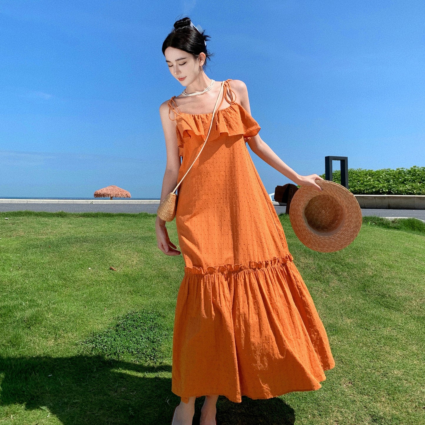 2025 fungus edge suspender dress summer Sanya travel seaside vacation temperament loose orange beach dress