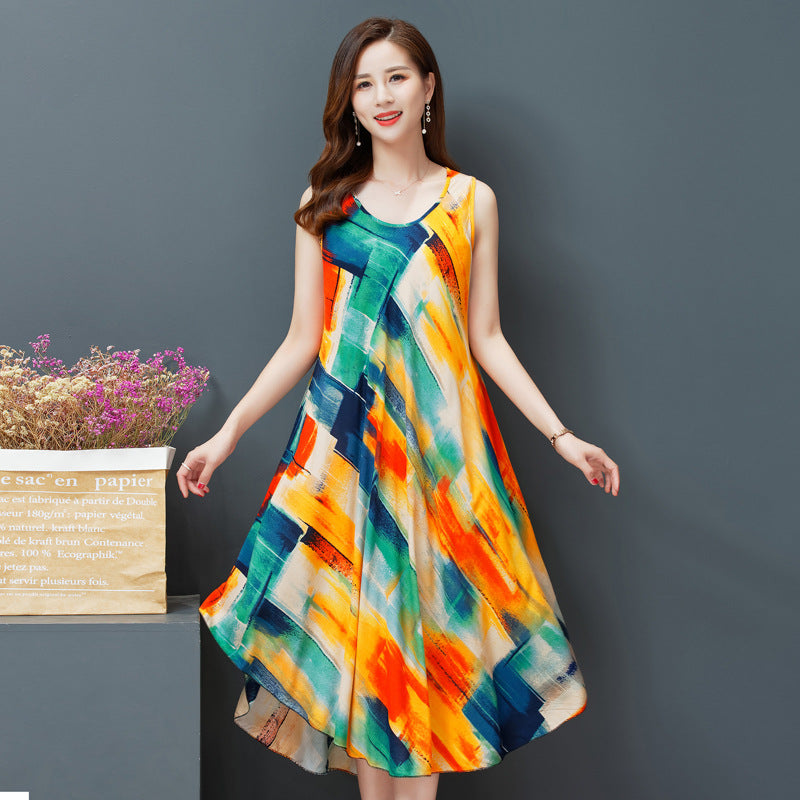 Large Size Bourette Vest Dress Summer New Ethnic Style Women's Clothing Artistic Retro Printing Sleeveless Swing Long Dress