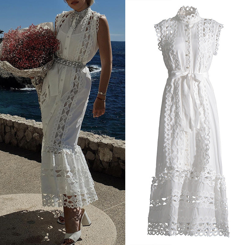 Style Retro Minority Design Spring round Neck Sleeveless Hollow out See-through Design Solid Color Long Dress Women's