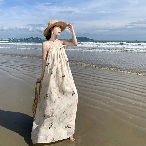 2025 National style new Chinese butterfly print suspender dress women's summer seaside vacation loose big pendulum super fairy backless dress