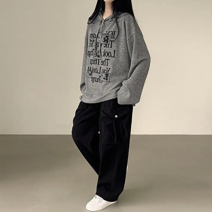 VAKKV Manufacturer waffle hooded autumn thin sweater large size fat mm loose Korean version ins velvet lazy wind outside
