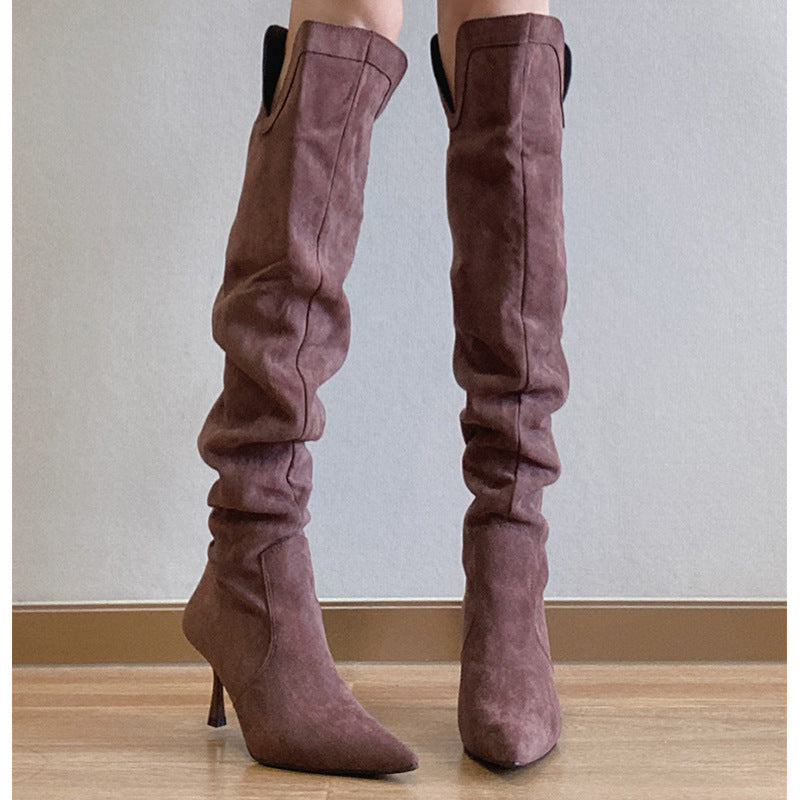 2025 Long boots women's pointed head thin heel V-mouth thin pleated piled boots retro suede high heel thin boots