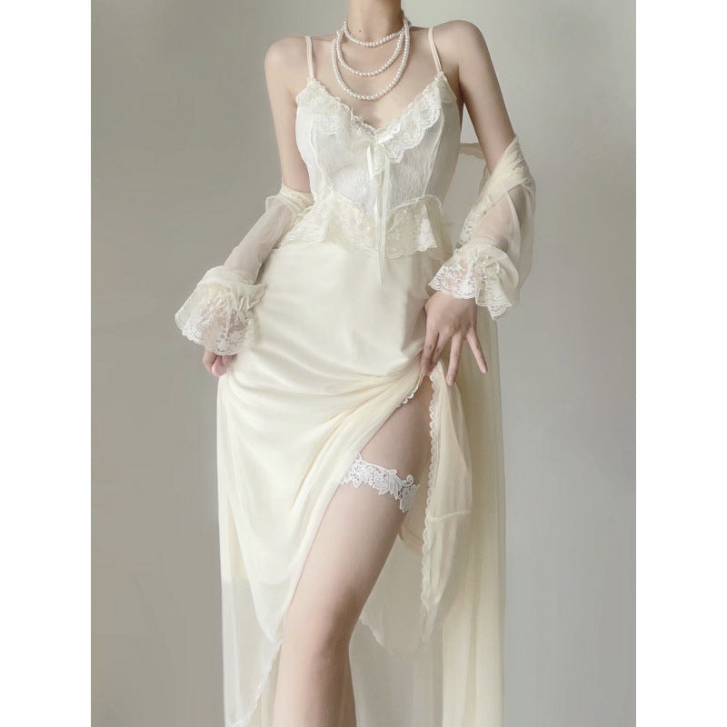 2025 Vintage morning robe female bride new sexy lace high-end ice silk mesh summer pure desire pajamas two-piece set