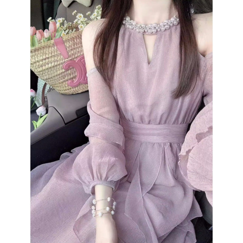 VAKKV Purple Halter off-the-Shoulder Dress Women's Fall New Design Sense Temperament Waist-Controlled Slimming Long Dress