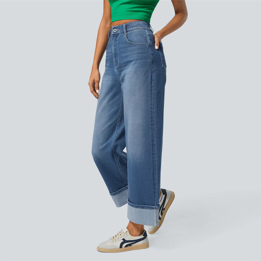 VAKKV 2025 Spring New 2025 Cross-border Fashion High Waist Pants Curled Straight Jeans Women's Casual Wide Leg Pants