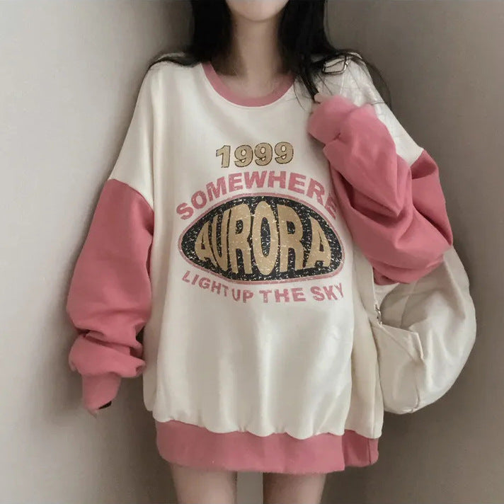 VAKKV Manufacturer college style color matching crew neck sweater women's loose thin lazy oversize Korean chic spring and autumn coat