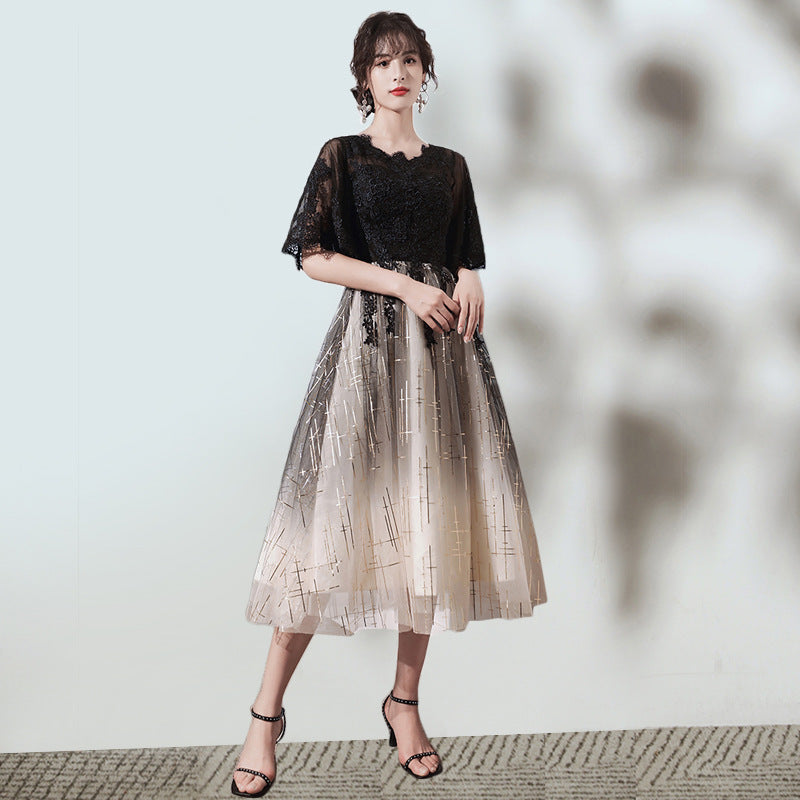 VAKKV Annual Party Evening Dress Women's New Banquet Daily Style Hepburn Wind Black Vocal Music Art Test Host Dress