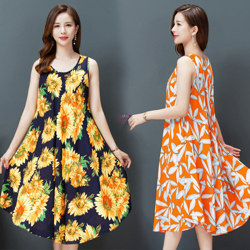 Large Size Bourette Vest Dress Summer New Ethnic Style Women's Clothing Artistic Retro Printing Sleeveless Swing Long Dress