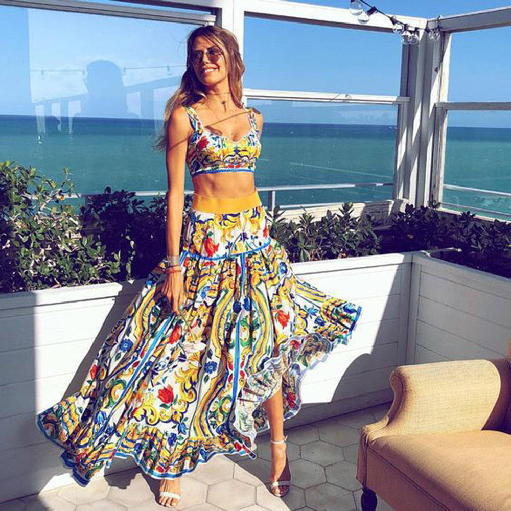 2025 Cross-border Spring and Summer New 2025 Women's Clothing Sexy Temperament Suspender Printed Dress Set Beach Dress Two-piece Pack