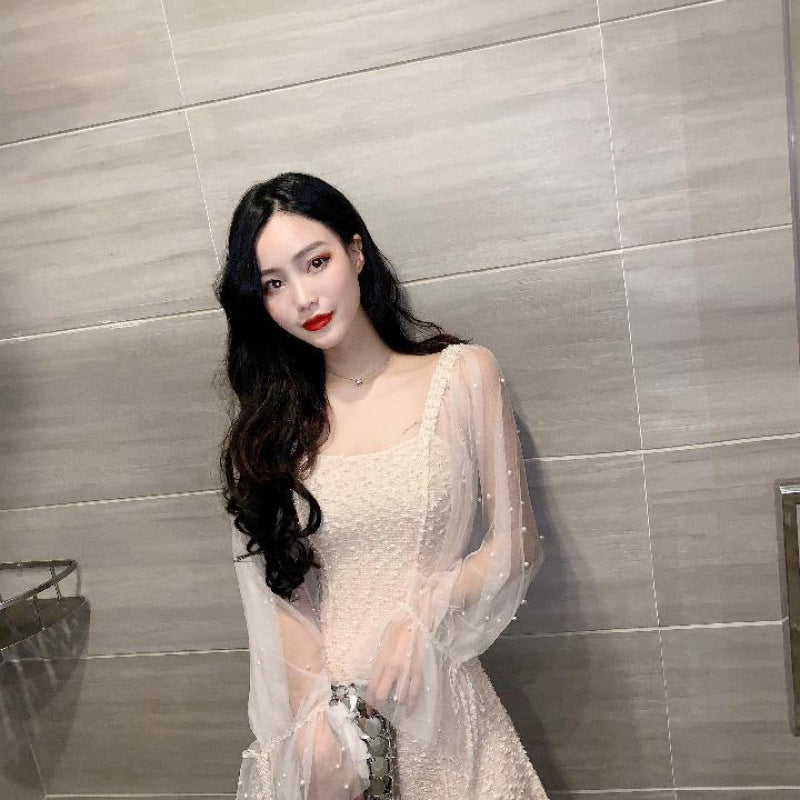 Spring women's new small fragrant temperament medium and long mesh splicing long sleeves waist and thin dress autumn
