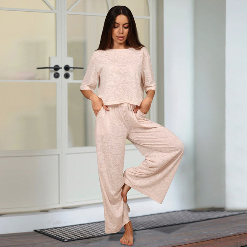 VAKKV 2025 new solid color knitted loose casual and comfortable pajamas women's summer five-quarter sleeve trousers loungewear New