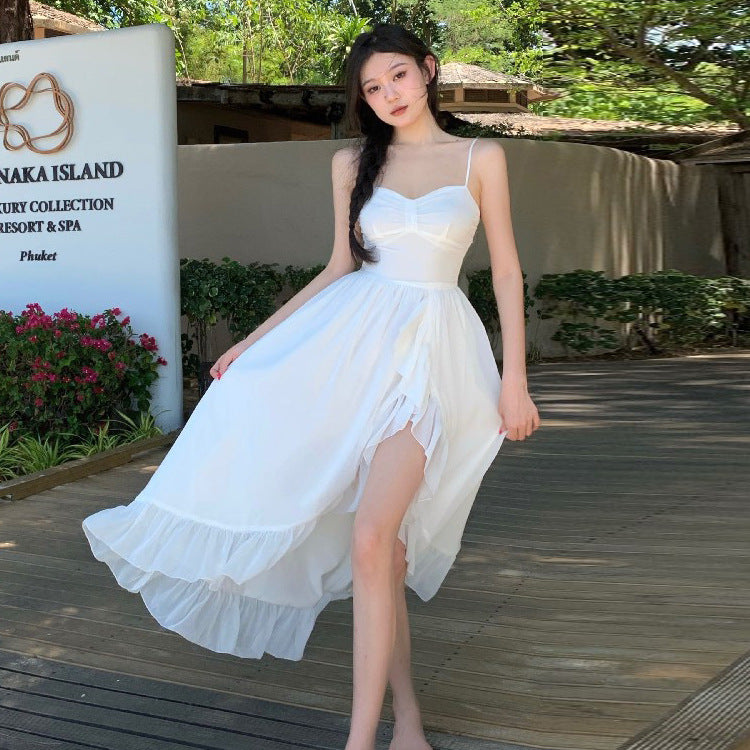 2025 Lotus leaf edge sexy halter split fairy dress summer super fairy white long suspender skirt seaside vacation dress
