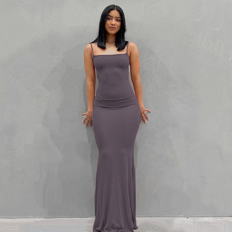 European and American Hot Trade Women's Clothing New Kardashian Skims Solid Color Sexy Slim Peach Hip Sling Summer Dress