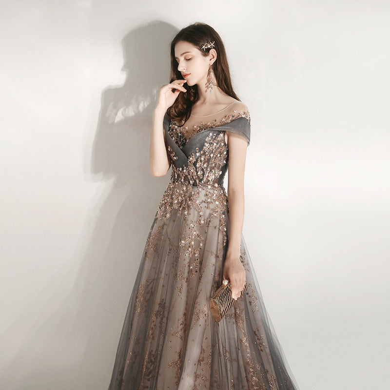 VAKKV Banquet Evening Dress Women's V-neck New Host Long Slimming Heavy Handmade Annual Meeting Art Exam European and American Dress
