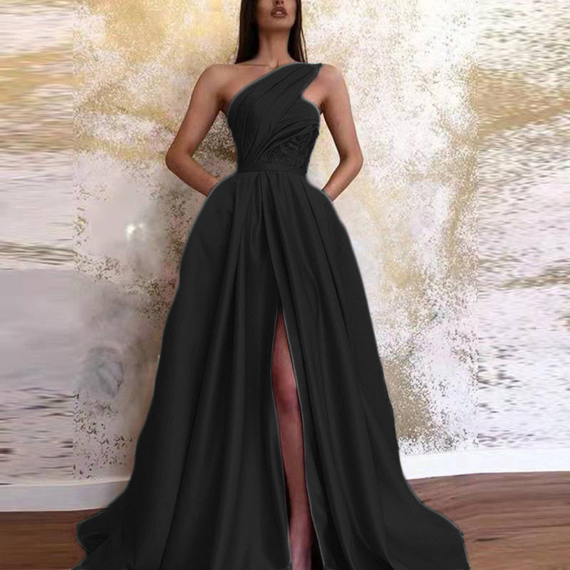 S1604 2025 New summer new 2025 sexy split slanted shoulder dress long dress evening dress