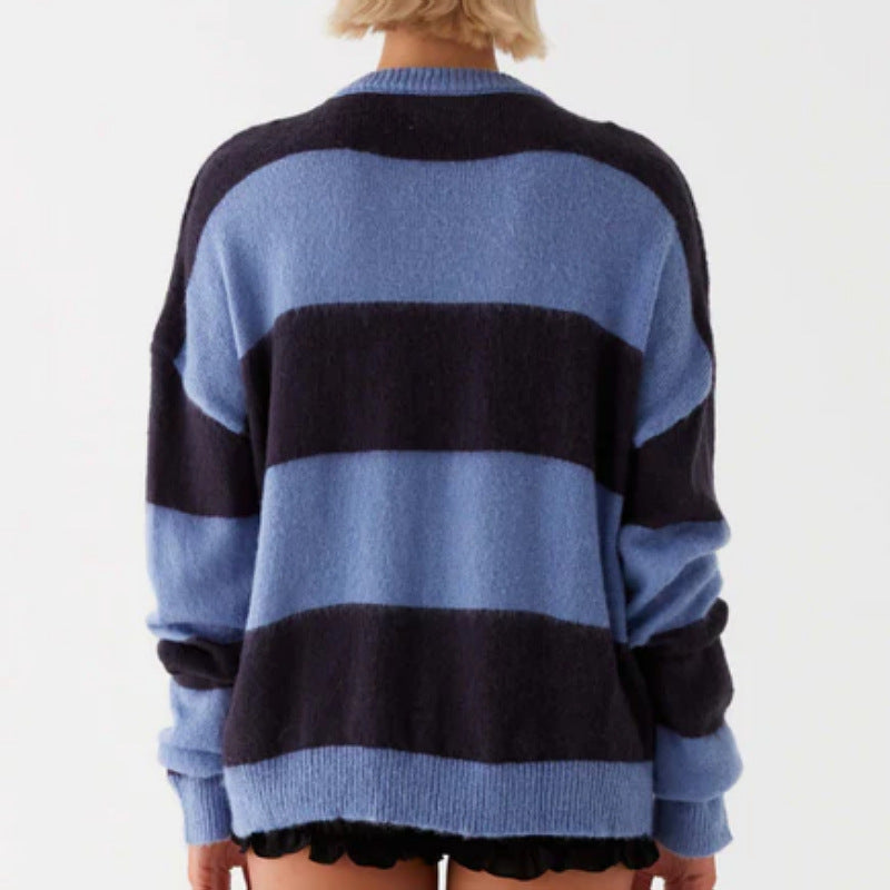 popular new Popular trade knitted top crew neck striped contrasting color loose lazy pullover sweater women