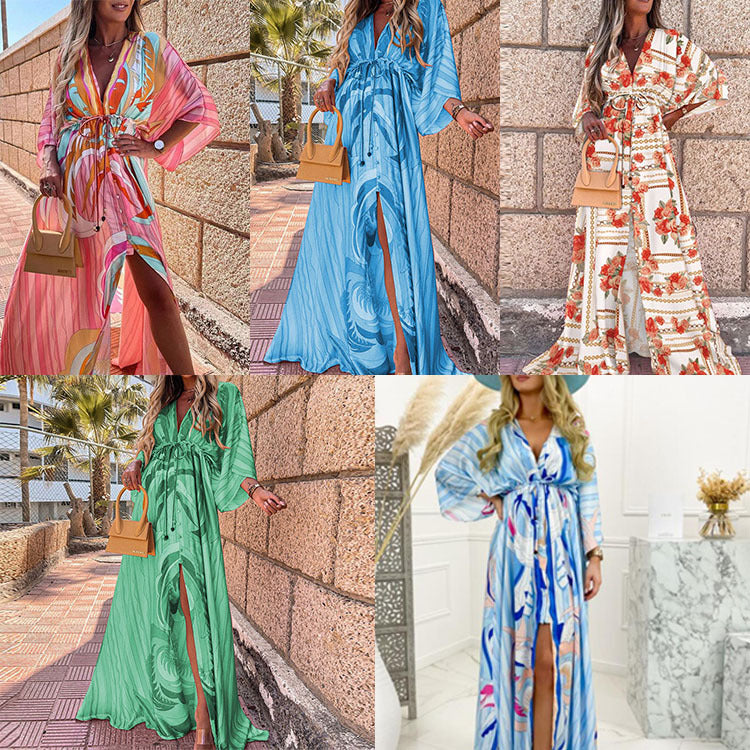Hot Trade European and American Women's Clothing 2024 Summer New Fashion Printing Loose Lace-up Elegant Big Hem Dress