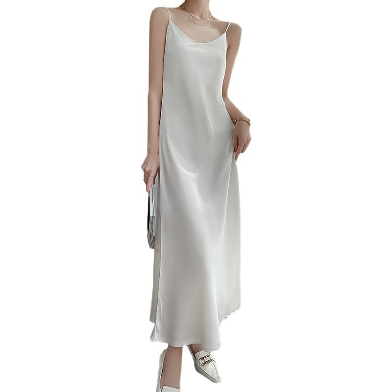 24 New High end Acetic Acid Sling Skirt Women's Long Off Shoulder Satin Sling Dress Mid length Summer Women's Outwear
