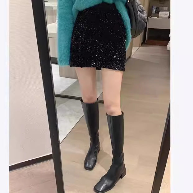 Velvet sequined skirt skirt women's black skirt shiny skirt short skirt large size shiny skirt spring autumn and winter