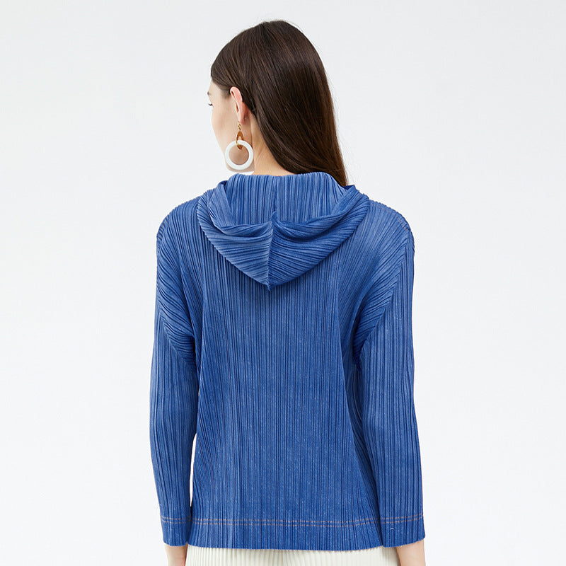 spring new solid color basic pleated t-shirt long-sleeved casual top design sense Korean version hooded sweater women