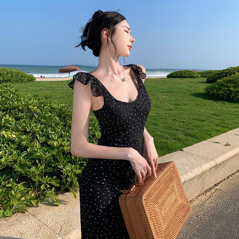 2025 Polka dot print black suspender dress summer slim chiffon waist ruffle edge halter sexy sleeveless long dress