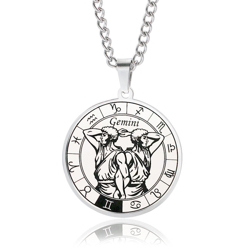 vakkv 12 Constellation Pendant Necklace Men's Titanium Steel Power Style Personalized Leo Turntable Couple's Stainless Steel Necklace