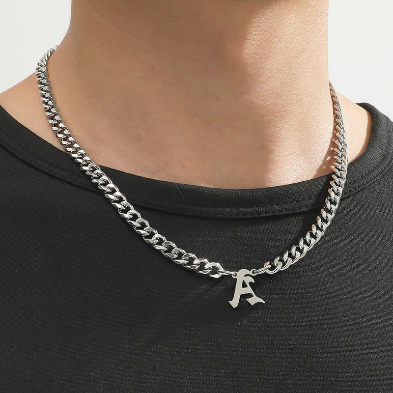 Cross-Border Hot Selling Stainless Steel English Letter Pendant Necklace Ins Cuban Necklace Hip Hop Street Trend New Product
