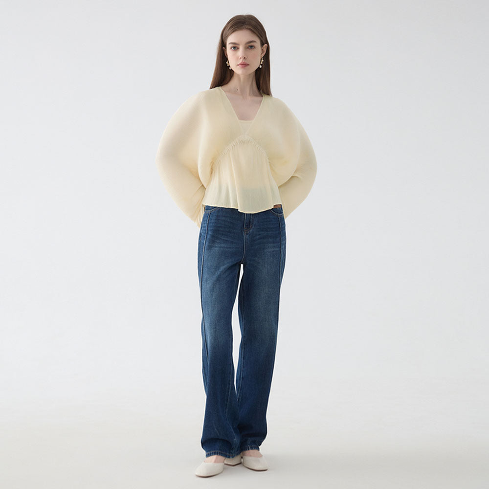 summer new horn sleeve temperament deep V-neck top women's casual new solid color sexy loose women's top
