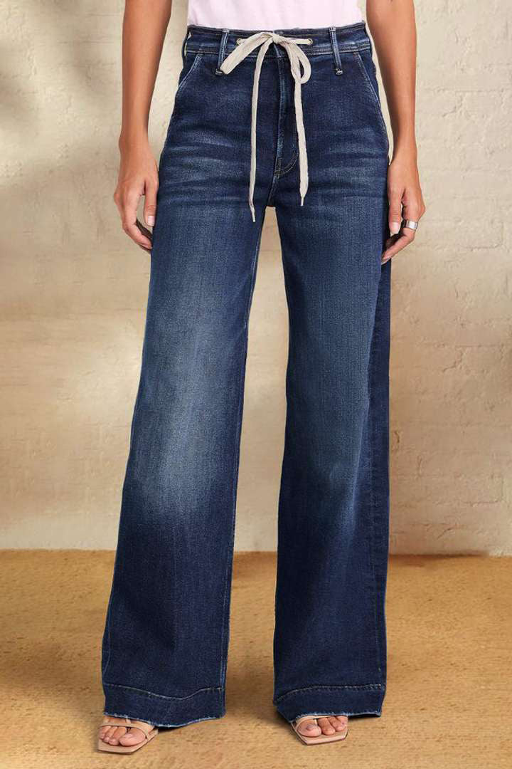 VAKKV Hot trade wholesale 2025 women's clothing 2025 spring new lace-up elastic jeans straight temperament wide-leg trousers