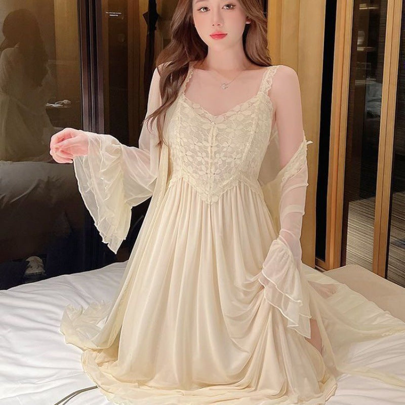 2025 Pajama women's spring and autumn new mesh lace splicing long-sleeved sexy long dress very fairy pajama dress