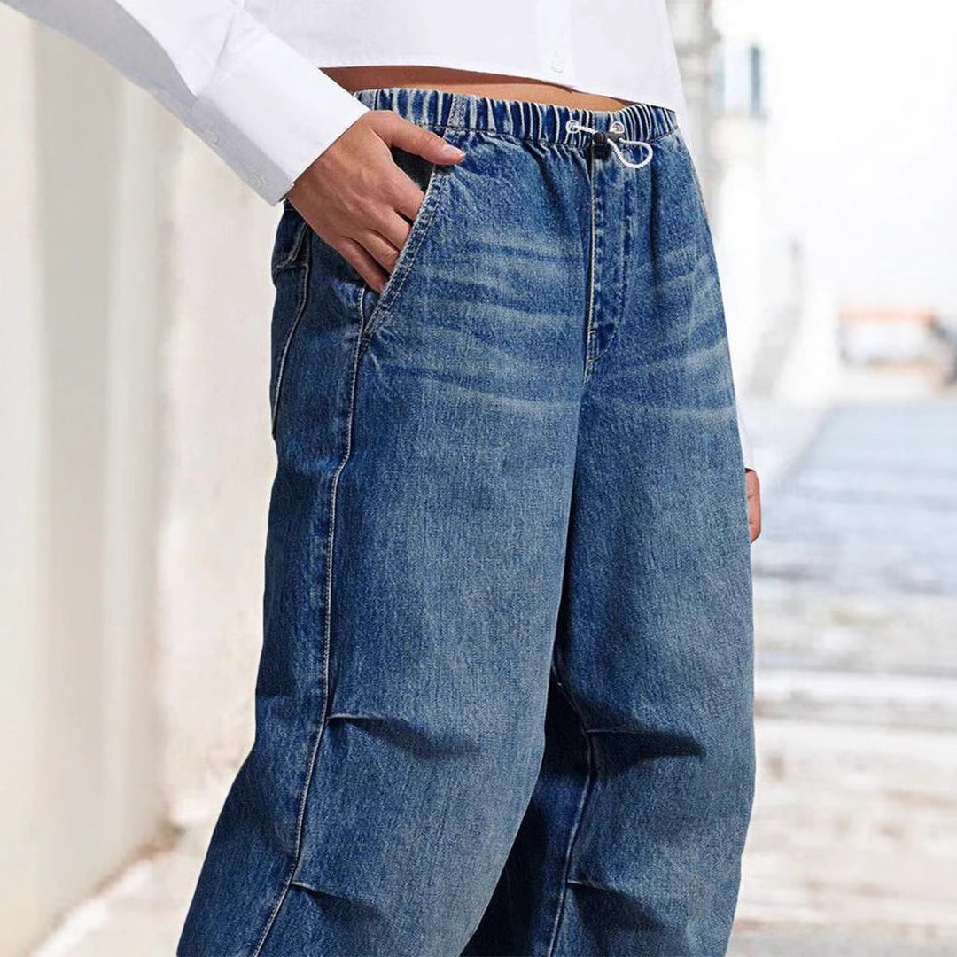 VAKKV 2025 spring new 2025 cross-border mid-waist wide-leg pleated loose jeans women's street retro straight-leg pants
