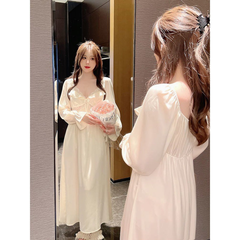 2025 Spring and Autumn Very Fairy Pajamas Women's Sweet Ice Ribbon Chest Pad Lace Sexy Princess Style Pajamas Long Sleeve Loungewear
