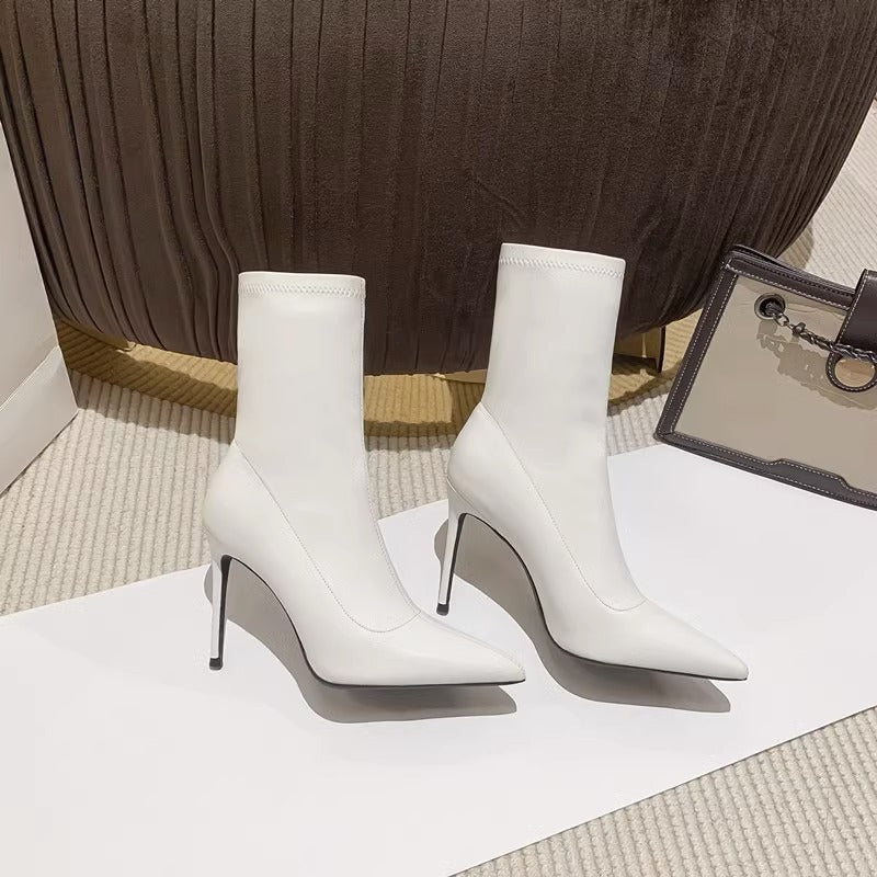 2025 High heels short boots women's thin heels pointed popular new versatile spring and autumn single boots elastic thin socks boots winter velvet