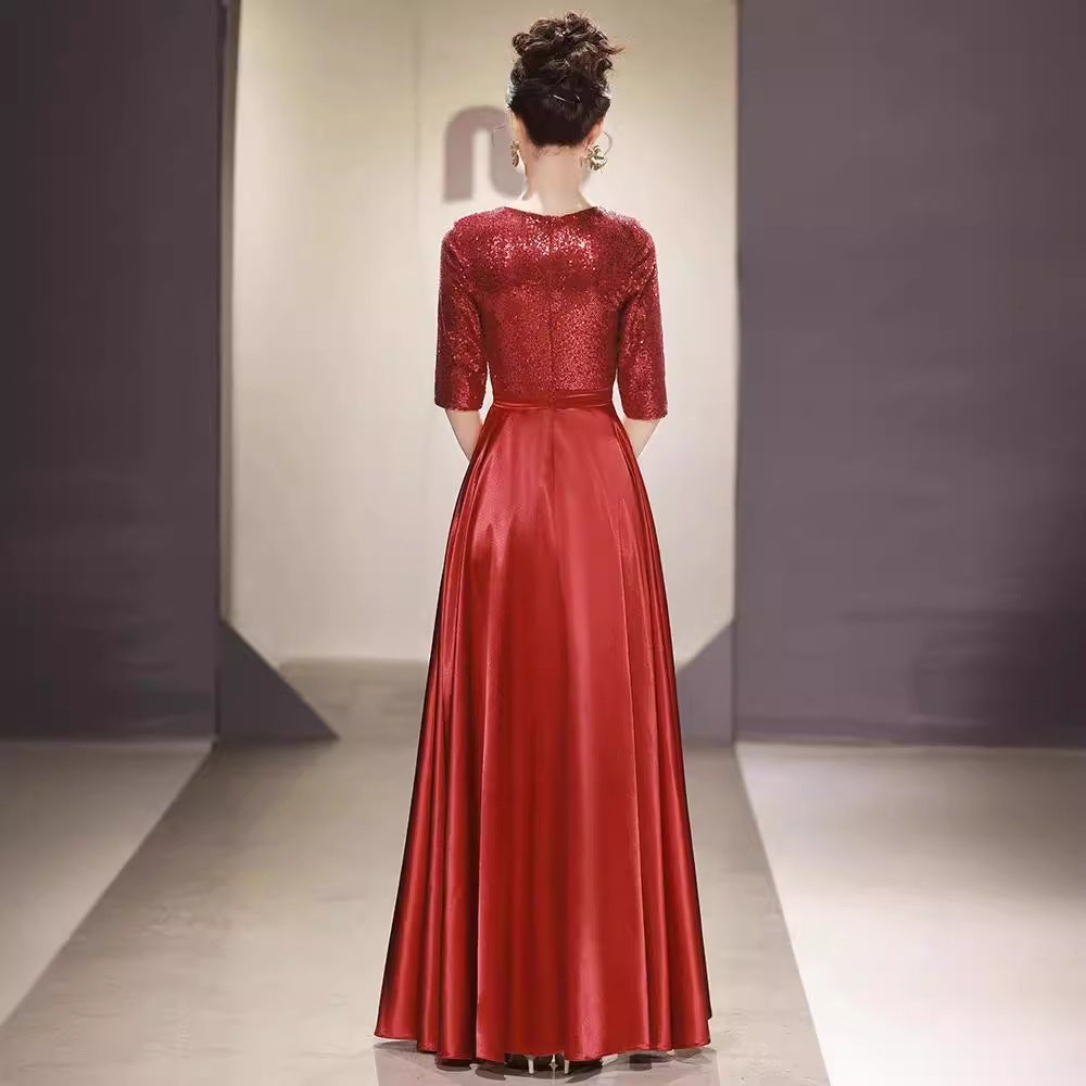 VAKKV Red Choir Long Dress Performance Costume Evening Dress Half Sleeve Adult Host Stage Competition Red Song Performance Costume