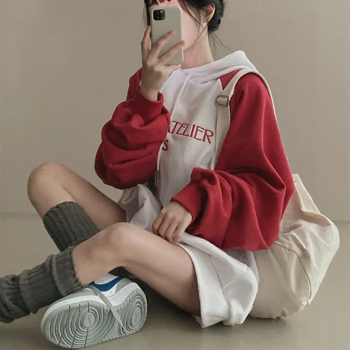 VAKKV Manufacturer 2025n retro burgundy shoulder sleeve sweater women's spring loose contrasting color splicing long sleeve oversize hooded