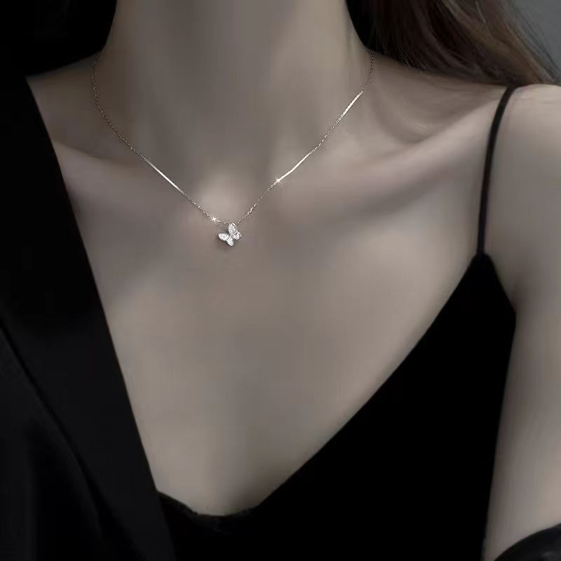 S925 Silver Light Luxury Necklace Versatile Trendy Clavicle Chain Female Butterfly Simple Niche High Sense Elegant Sweater Chain Ornament
