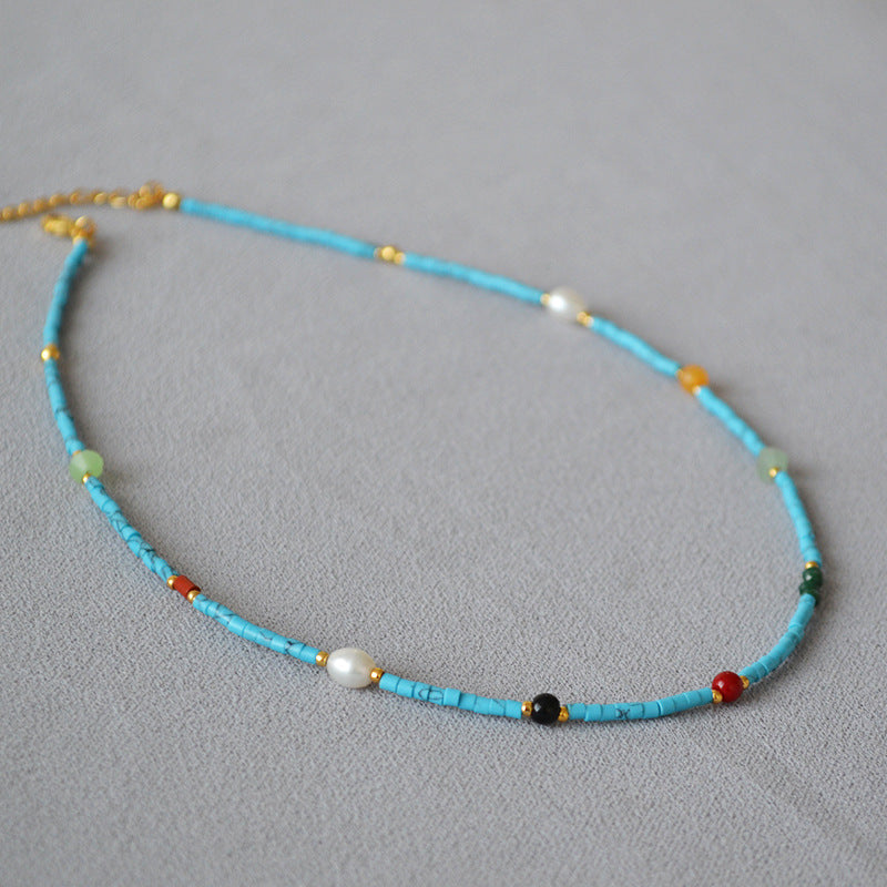 Vintage Court Style Ultra Fine Blue Turquoise Colorful Pearl GEM Ultra Fine Necklace Clavicle Chain Female Special-Interest Design