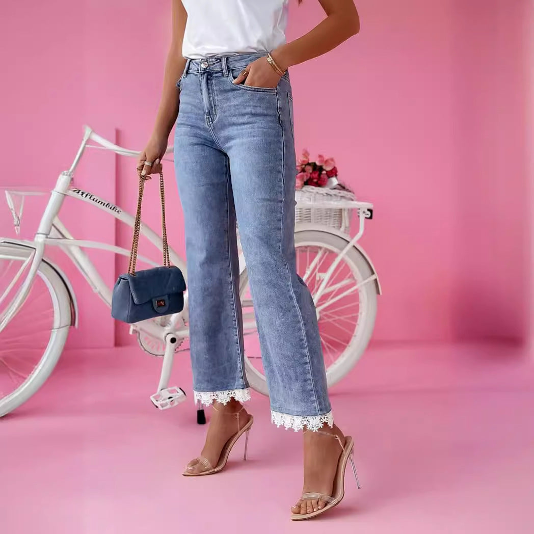 VAKKV popular 2025 New high-waisted slim-fitting micro-pull jeans women's small fresh trousers lace trousers