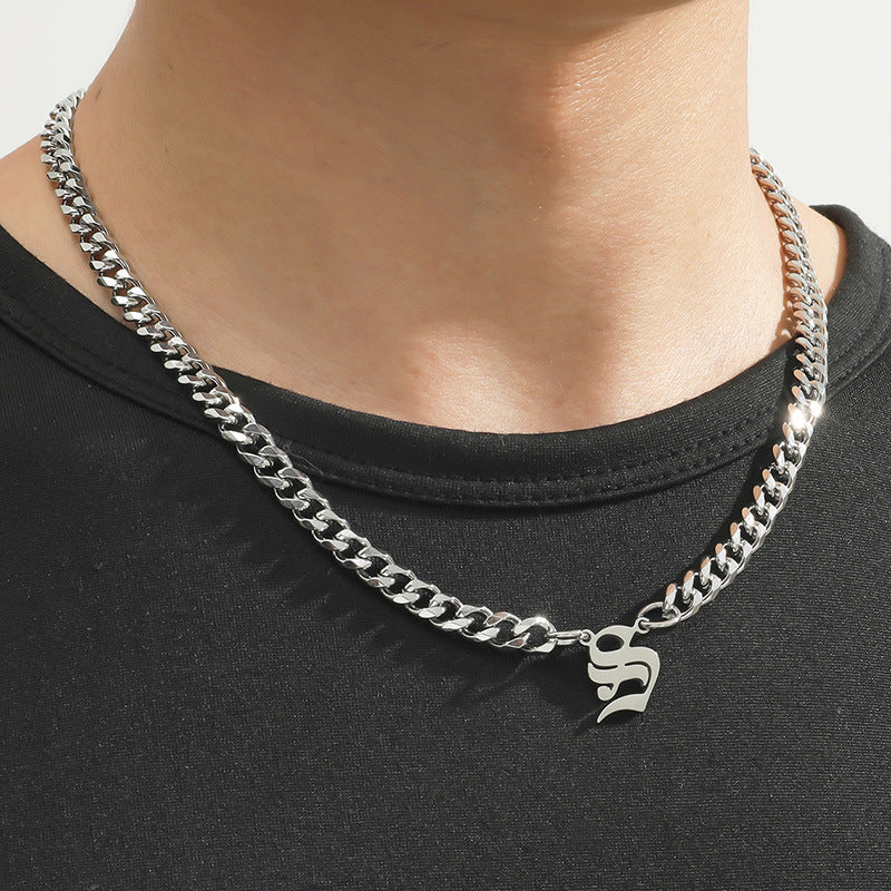 Cross-Border Hot Selling Stainless Steel English Letter Pendant Necklace Ins Cuban Necklace Hip Hop Street Trend New Product