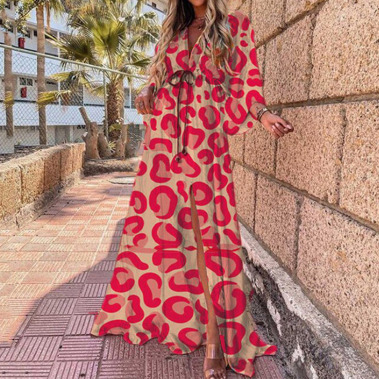 Hot Trade European and American Women's Clothing 2024 Summer New Fashion Printing Loose Lace-up Elegant Big Hem Dress
