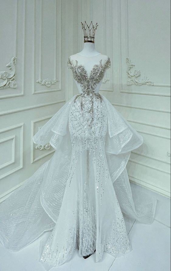 VAKKV Vintage Mermaid Sleeveless Sequin Long White Wedding Dresses v1074
