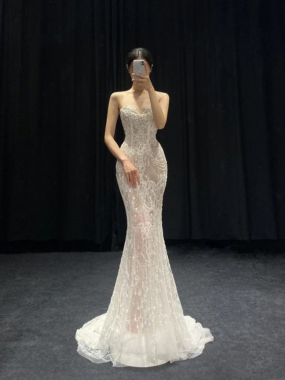 VAKKV Vintage Mermaid Sleeveless Sweetheart Long White Wedding Dresses v1075
