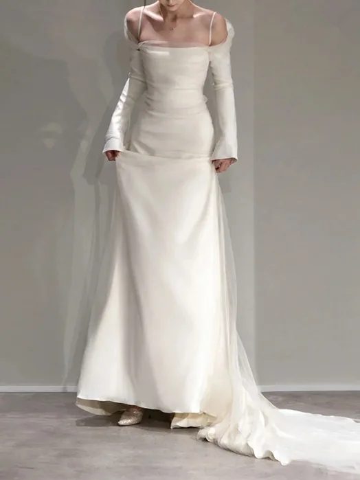 VAKKV Mermaid vlain Svliced Off shoulder Satin Elegant Long Sleeve Wedding Dress v897