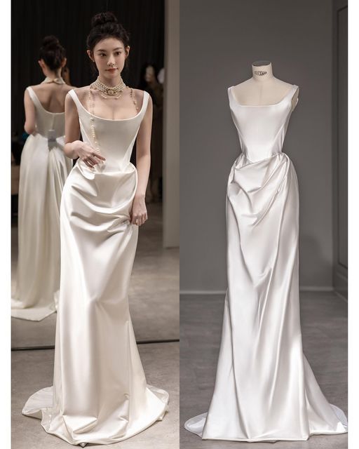 VAKKV Vintage Mermaid Stravs Sleeveless Satin Ivory Wedding Dresses v929