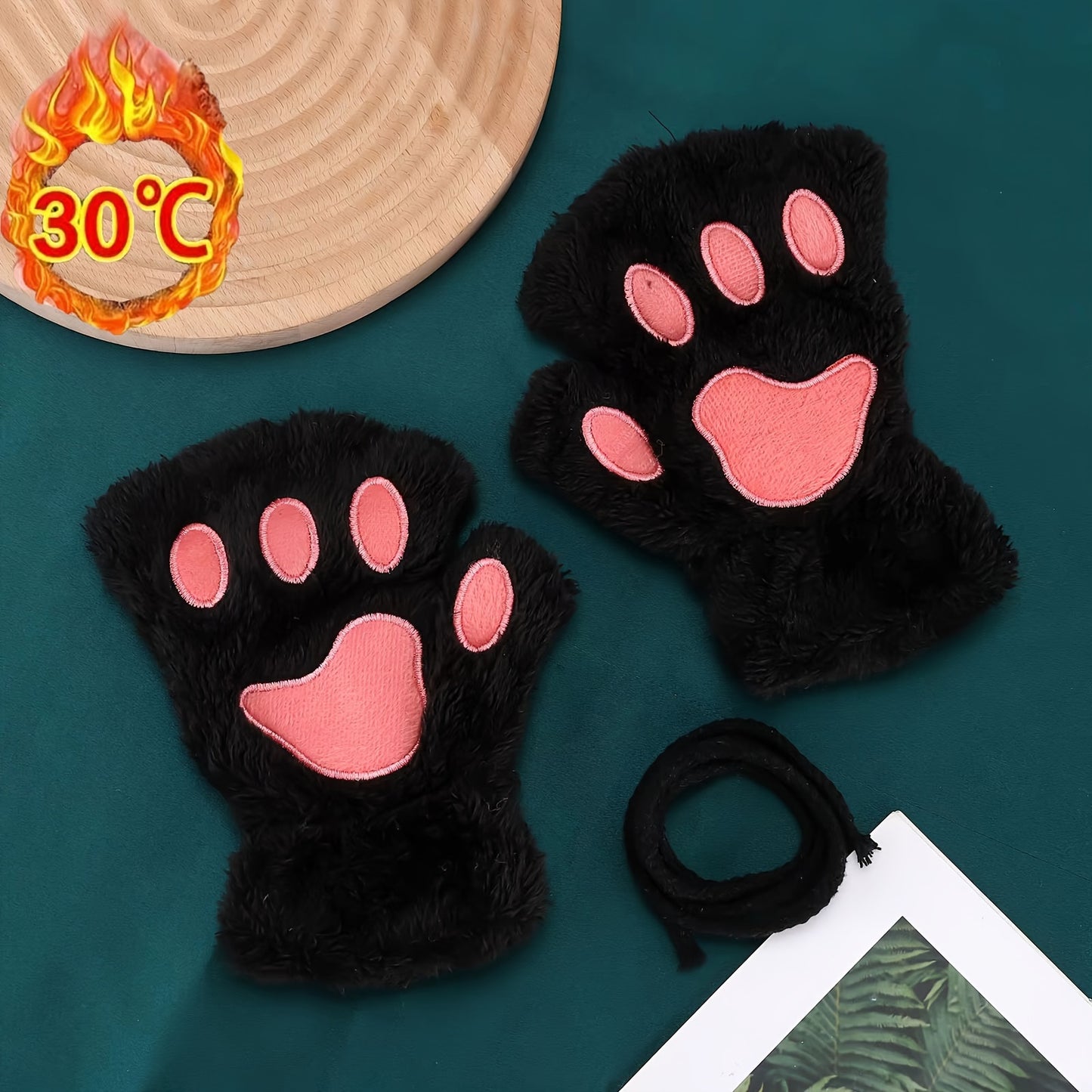 2 Pairs of Adorable Cartoon Cat Paw Plush Half Finger Gloves - Warm, Thickened, Exposed Fingers, Bear Paw Design for Men and Women in Winter - Perfect for Cute Girls in Europe and America