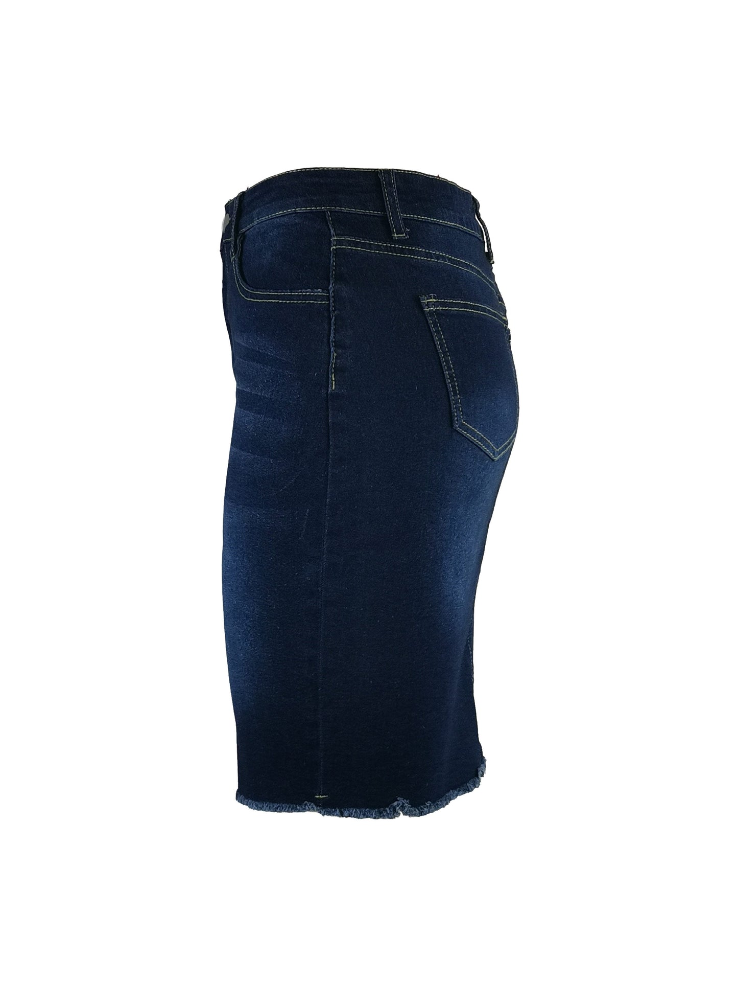 Stylish Dark Blue Slim Fit High Waist Denim Skirt - Women's Clothing, Raw Hem, Slash Pockets, High Denim, Short Denim Dress, Comfortable, Versatile, and Chic