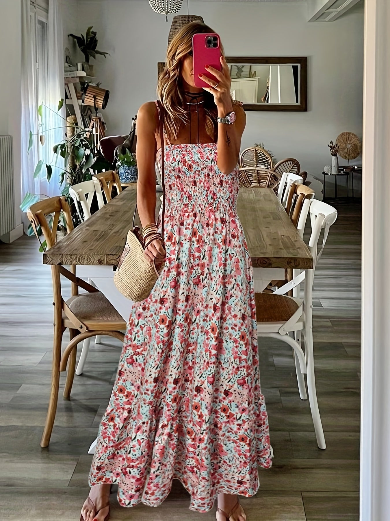 VAKKV Summer Breeze Floral Spaghetti Strap Gown - Sleeveless, Lace-Up, Long Vacation Dress, Easy-Care Polyester