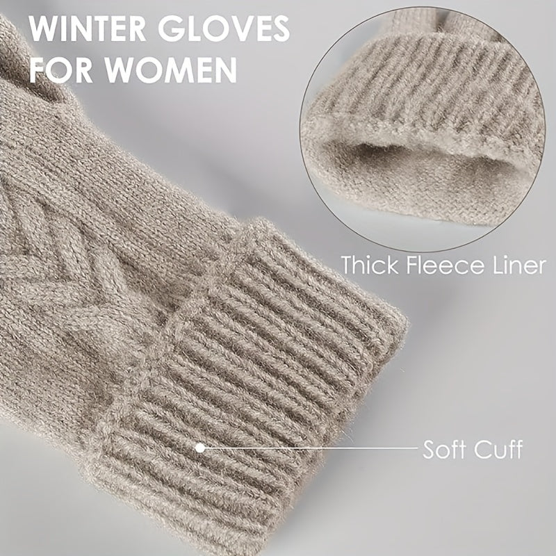 Touch Screen Winter Gloves for Women - Full Finger Knitted Acrylic Thermal Gloves with Thick Fleece Lining, Elastic Cuff, Warm and Decorative for Outdoor Activities
