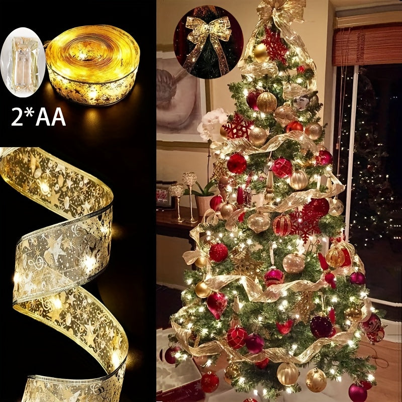1pc Holiday Streamers - Golden Ribbon Lights, Battery Powered Christmas Tree Decoration with 1/3/5/10m Long Garland for Festive Ambiance (Without Batteries)